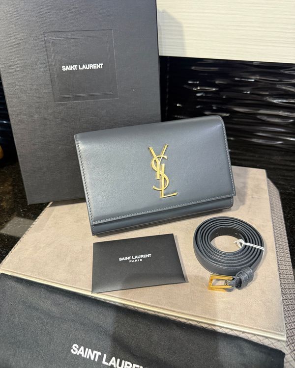 2019 Saint Laurent Bag Kate Small Bag Small Leather Grey Gold Tone Hardware Leather Chain Strap (Bag)