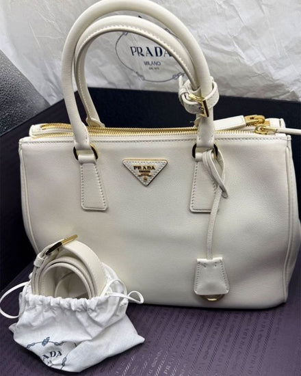 2025 Prada Bag Large Tote Bag White Leather Gold Tone Hardware Leather Strap (Bag)