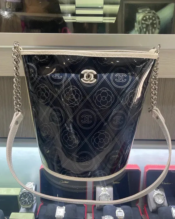 2018 Chanel Camellia Bucket Bag Small PVC Black White  Leather Gold Tone Chain Strap (Bag)