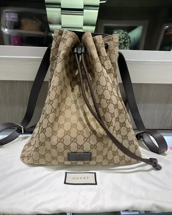 Gucci Bag GG Canvas Logo Drawstring Backpack Dark Brown Leather Silver-Tone Hardware Leather Strap (Bag)