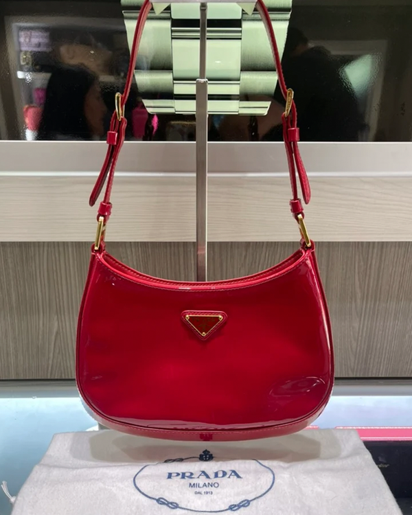 Prada Cleo Patent Shoulder Bag Red Leather Gold-Tone Hardware (1BC169)