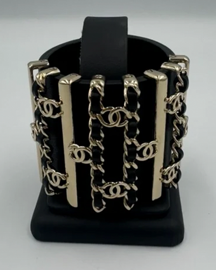 Chanel Accessories Leather Cuff Bracelet XS Black Gold Tone Hardware (Cuff)