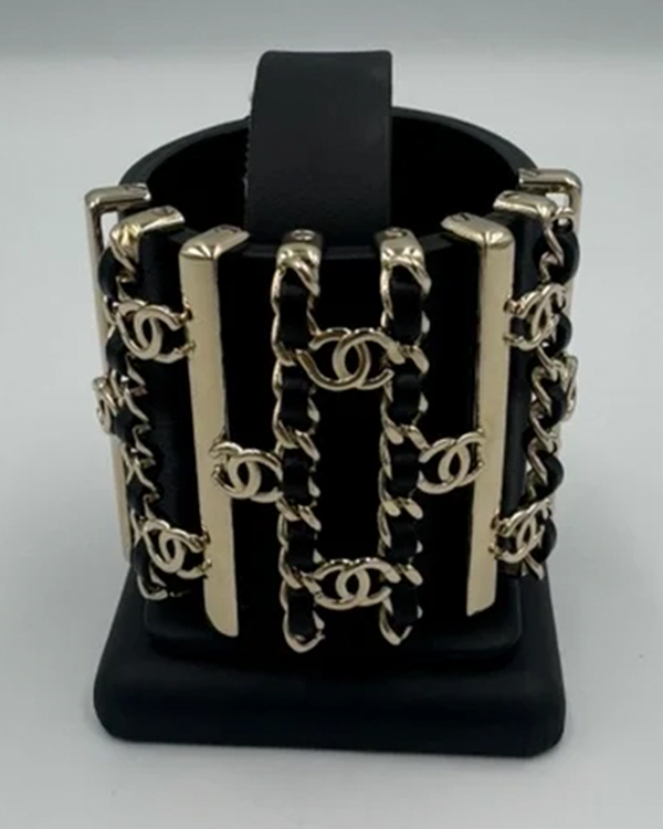 Chanel Leather Cuff Bracelet XS Black Gold Tone Hardware (Cuff)
