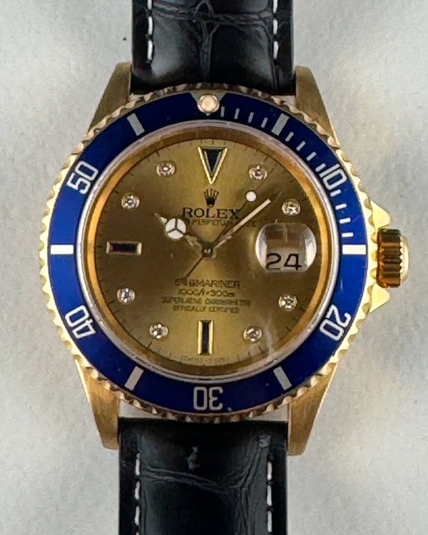 1991 Rolex Submariner Date "Serti" 40MM Champagne Dial Aftermarket Leather Strap (16618)
