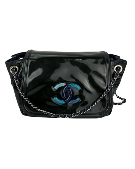 Chanel Bag CC Lipstick Accordion Flap Blue Black Leather/Vinyl Silver-Tone Hardware Chain Strap (Bag)
