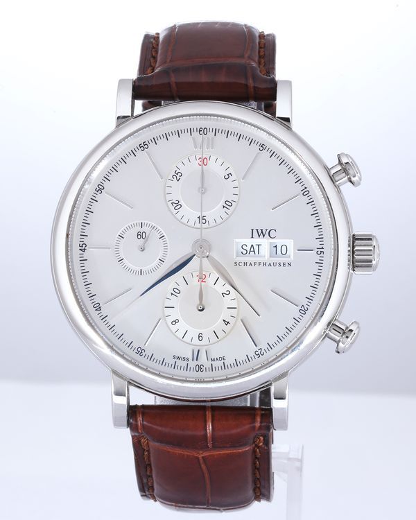 No Reserve - 2016 IWC Schaffhausen Portofino Day Date Chronograph 42MM Silver Dial Leather Strap (IW391007)