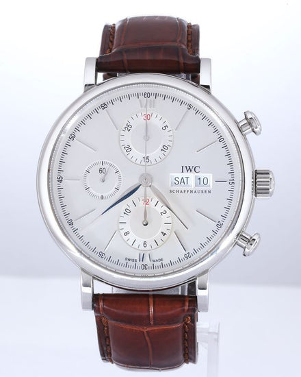 No Reserve - 2016 IWC Schaffhausen Portofino Day Date Chronograph 42MM Silver Dial Leather Strap (IW391007)