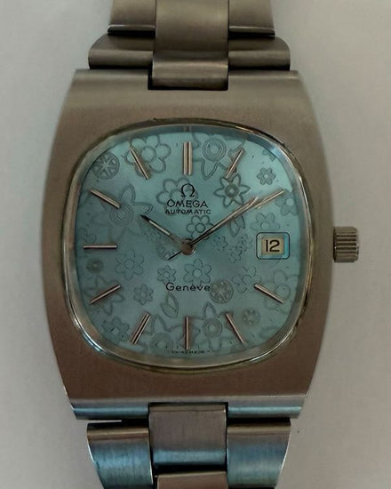 Omega Genève Vintage 36MM Blue "Floral Motif" Dial Steel Bracelet (ST 166.0191)
