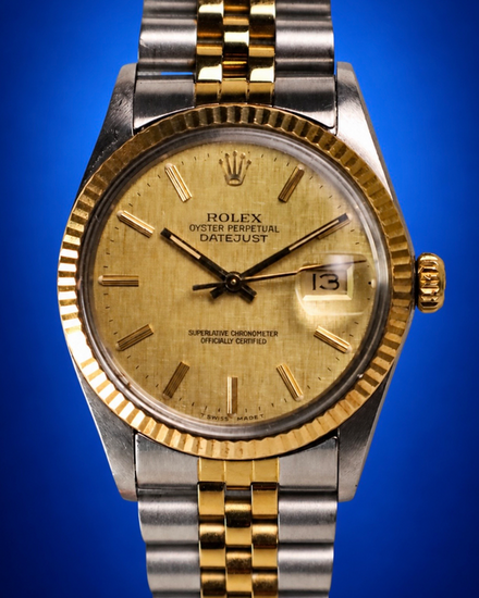 No Reserve - 1977 Rolex Datejust 36MM Linen Champagne Dial Aftermarket Two-Tone Gold-Plated Jubilee Bracelet (16013)