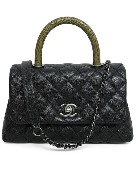 Chanel Bag Black Caviar Quilted Green-Lizard Coco Handle Small Flap Leather Ruthenium Hardware Chain-Strap (A92991)