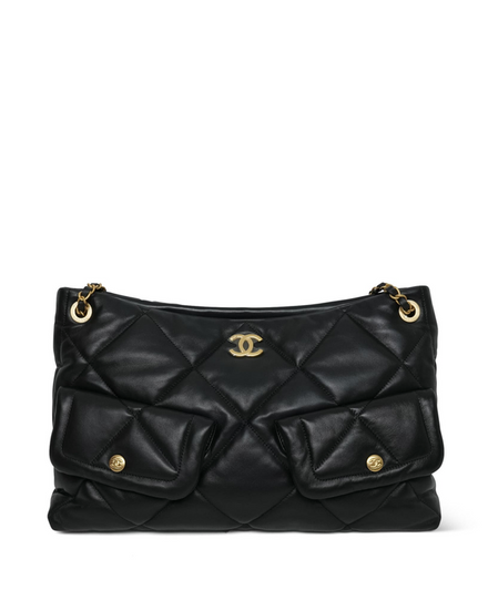 2025 Chanel Black Lambskin Quilted Hobo Large Shoulder Bag Gold-Tone Hardware (Bag)