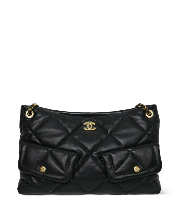 2025 Chanel Black Lambskin Quilted Hobo Large Shoulder Bag Gold-Tone Hardware (Bag)