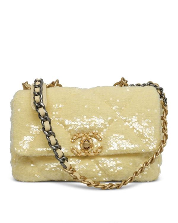 (WORKING) 2020 Chanel Bag Flap Medium Yellow Textile Gold-Tone Hardware Chain/Leather Strap (Bag)