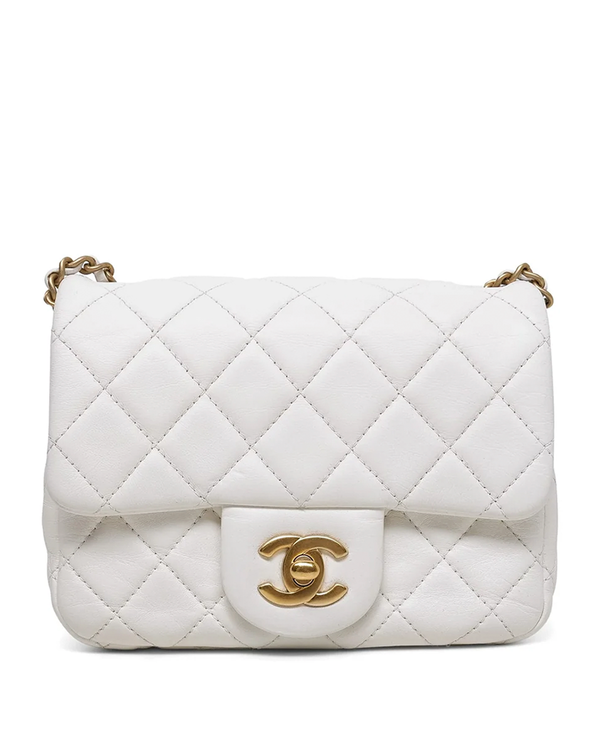 Chanel Pearl Crush Mini Square Flap Bag Mini Leather White Gold Tone Hardware Chain Strap (Bag)