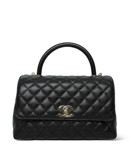 Chanel Bag Black Caviar Coco Handle Medium Quilted Leather Silver-Tone Hardware Leather Strap (Coco)