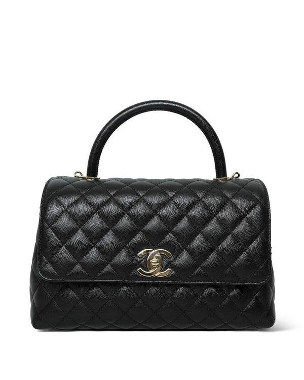 (Working) Chanel Bag Black Caviar Coco Handle Medium Quilted Leather Silver-Tone Hardware Leather Strap (Coco)