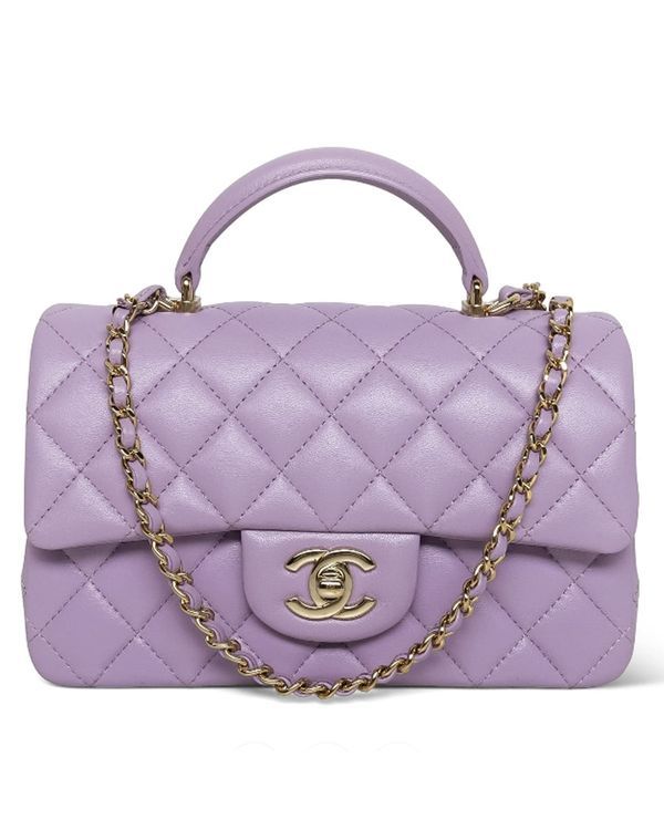 2024 Chanel Bag Flap Small Purple Leather Gold-Tone Hardware Chain/Leather Strap (Bag)