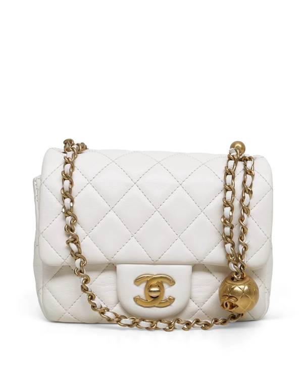 2021 Chanel Bag Quilted Pearl Crush Mini Square Flap AGHW Small Leather Gold-Tone Hardware Leather Chain Strap (Bag)