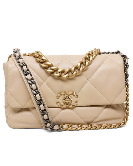 2020 Chanel 19 Flap Bag Beige Small Size Leather Gold/Silver/Ruthenium-Tone Hardware Chain Strap (19)