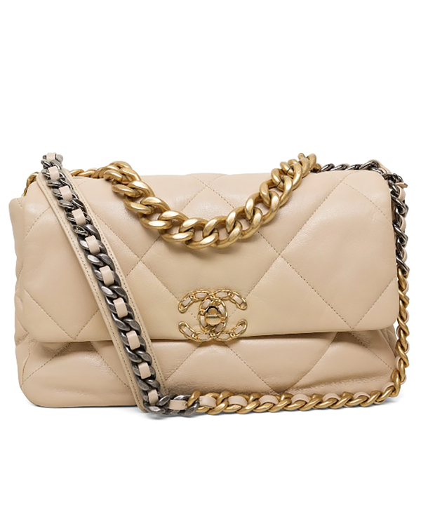 2020 Chanel 19 Flap Bag Beige Leather Gold/Silver/Ruthenium-Tone Hardware Chain Strap (19)