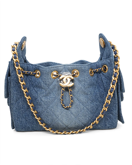 2026 Chanel Bag Hobo Medium Size Blue Textile Gold Hardware Chain/Textile Strap (Hobo)