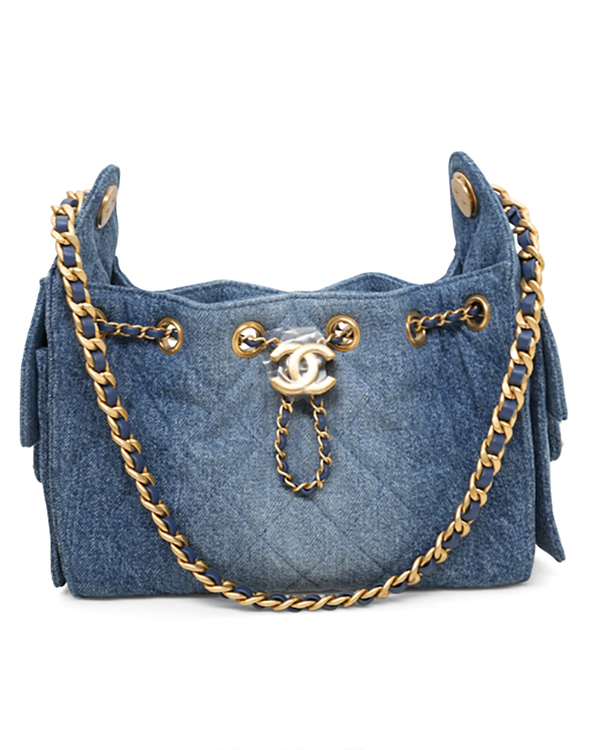 2026 Chanel Bag Hobo Medium Blue Textile Gold-Tone Hardware Chain/Textile Strap (Bag)