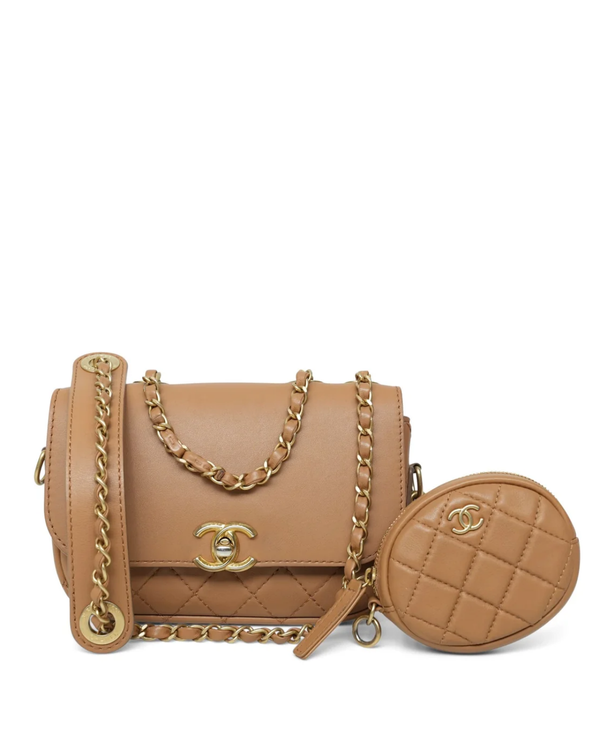 2019 Chanel Bag Multi Pouching Flap Dark Beige Quilted Leather Gold Hardware Leather/Chain Strap (Bag)