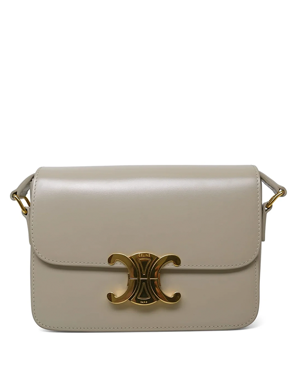 (HOLD) 2023 Celine Bag Teen Triomphe Light Stone Shiny Beige Leather Gold-Tone Hardware Leather Strap (Shoulder Bag)
