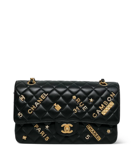 2021 Chanel Bag 21S Black Lambskin Quilted Rue Cambon Charms Classic Flap Medium AGHW (Bag)