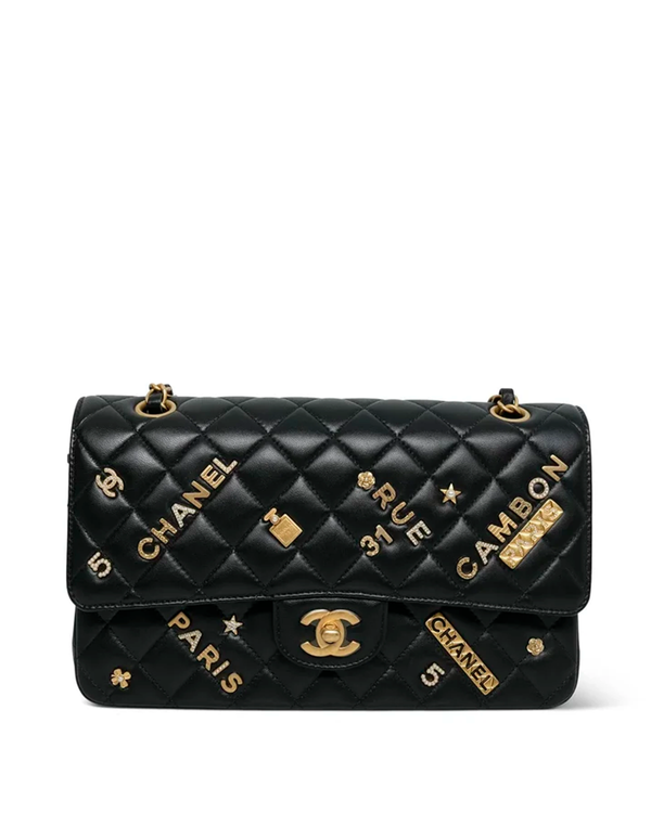 2021 Chanel Black Lambskin Quilted Rue Cambon Charms Classic Flap Medium AGHW Gold-Tone Hardware (Bag)