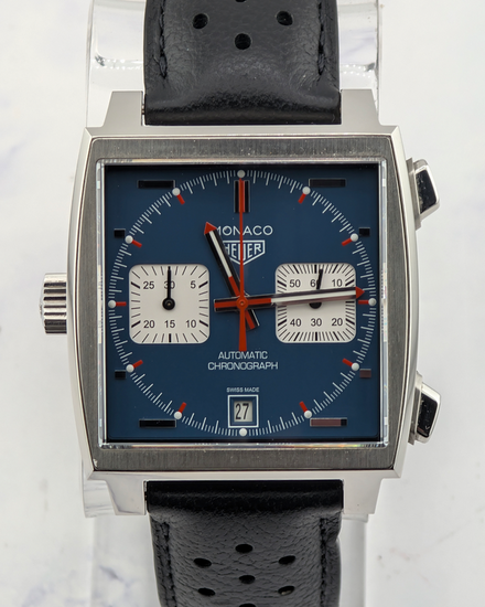 No Reserve - 2021 TAG Heuer Monaco Calibre 11 Chronograph 39MM Blue Dial Leather Strap (CAW211P.FC6356)