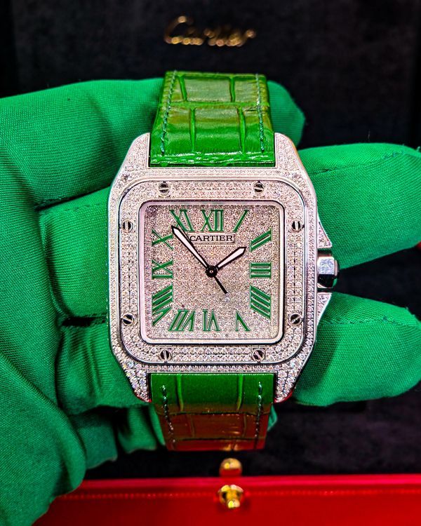 2026 Cartier Santos 100 XL 38MM Aftermarket Diamond Dial Leather Strap (W20073X8)