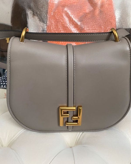 Fendi Bag C'mon Medium Grey Leather Gold-Tone Hardware Leather Strap (Bag)