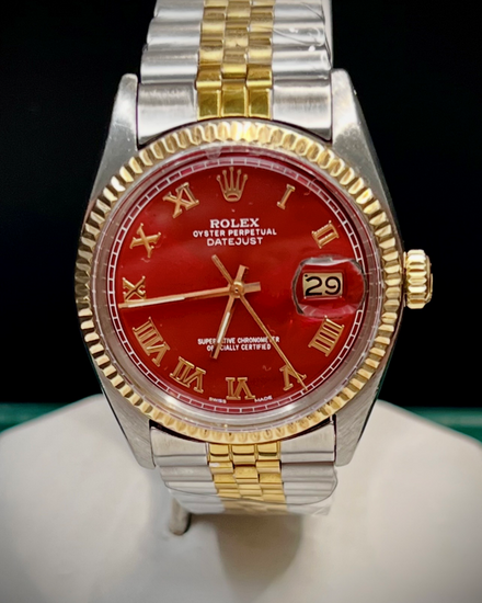 No Reserve - 1977 Rolex Datejust 36MM Red Dial Aftermarket Two-Tone Gold-Plated Jubilee Bracelet (1603)