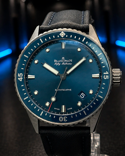 No Reserve - 2022 Blancpain Fifty Fathoms Bathyscaphe 43.6MM Blue Dial Textile Strap (5000-0240-052A)