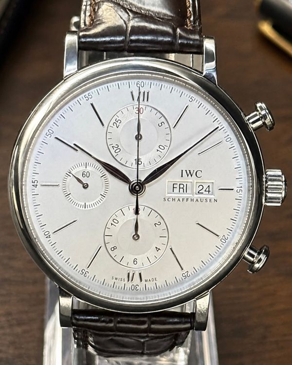 No Reserve - 2016 IWC Schaffhausen Portofino Day Date Chronograph 42MM Silver Dial Leather Strap (IW391007)