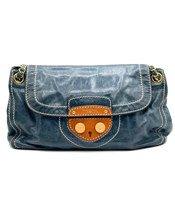 Prada Bag Denim Vitello Shine Leather Trim Gold-Tone Hardware Chain Strap (Bag)
