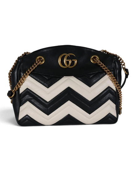Gucci Bag GG Marmont Matelassé Medium Shoulder Bag Black/White Chevron (Bag)