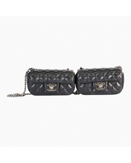 Chanel Bag Mini Twin Classic Flap Bag Quilted Black Leather Silver-Tone Hardware Chain Strap (Mini Twin Classic)