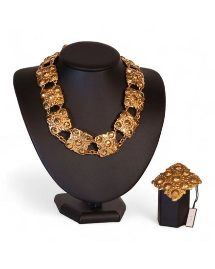 1988 Chanel Accessories Vintage 2CC3 Gold-Plated Hammered Square Necklace and Brooch Brass (Set)