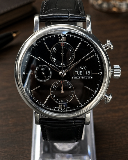 No Reserve - 2018 IWC Schaffhausen Portofino Chronograph 42MM Black Dial Leather Strap (IW391008)