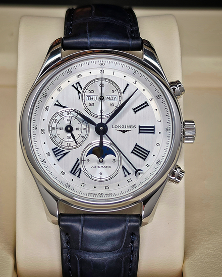 No Reserve - 2025 Longines Master Collection Chrono Moonphase 42MM Silver Dial Leather Strap (L2.773.4.71.2)