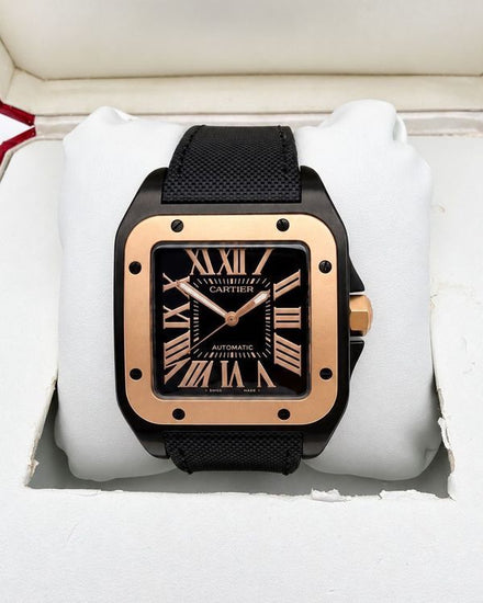 No Reserve - 2017 Cartier Santos 100 XL 51.1MM Rose Gold Black Dial Leather Strap (W2020009)