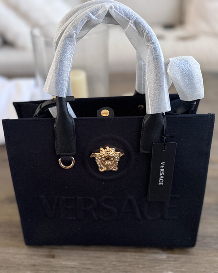 Versace Bag La Medusa Canvas Tote Gold-Tone Hardware Leather Strap (Bag)