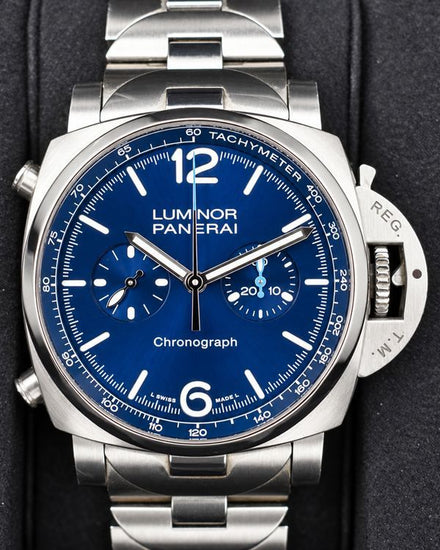No Reserve - 2023 Panerai Luminor Chrono 44MM Blue Dial Steel Bracelet (PAM01110)