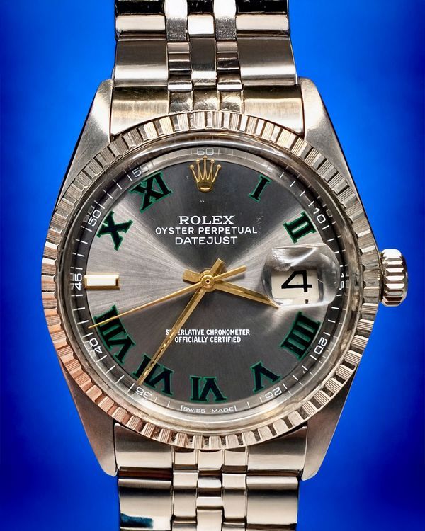 No Reserve - 1973 Rolex Datejust 36MM Aftermarket Wimbledon Slate Dial Aftermarket Two Tone Jubilee Bracelet (1601)
