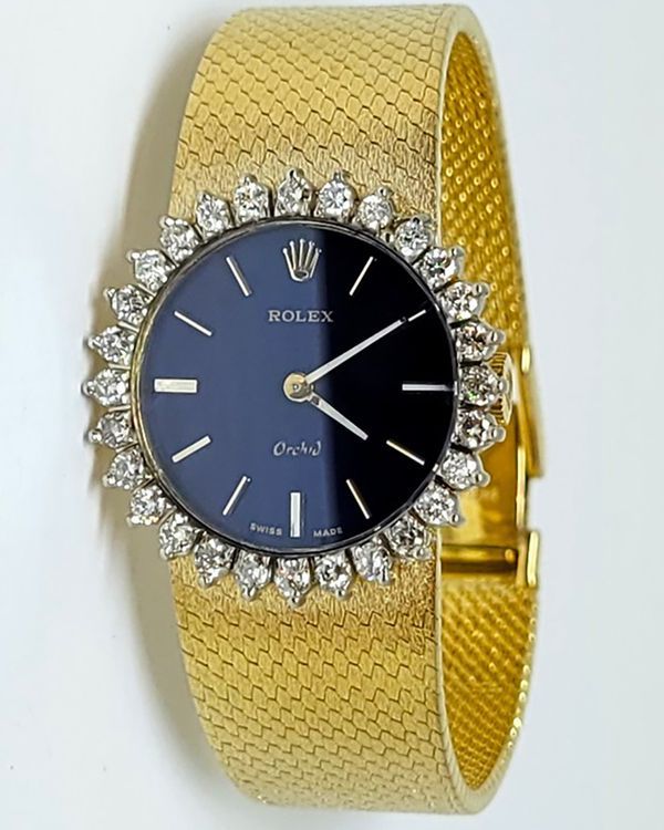 1975 Rolex Orchid Vintage 25MM Black Dial Yellow Gold Cleopatra Bracelet (2671)
