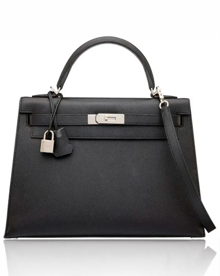 Hermès Kelly Sellier Black Epsom Leather Palladium Hardware Leather Strap (Kelly 32)