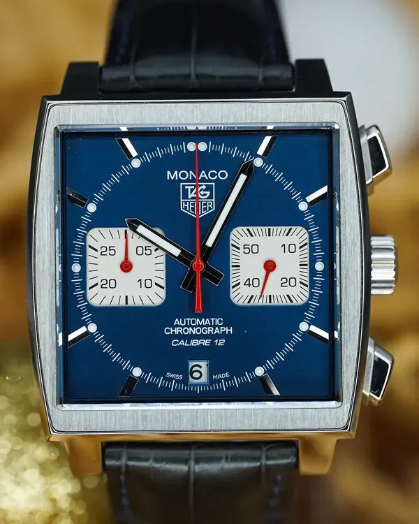 No Reserve - 2021 TAG Heuer Monaco Calibre 12 Chronograph 39MM Blue Dial Leather Strap (CAW2111.FC6183)