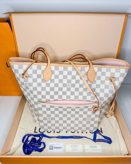 2021 Louis Vuitton Neverfull Damier Azur Canvas Leather MM Rose Ballerina Trim Gold-Tone Hardware Leather Strap (Neverfull)